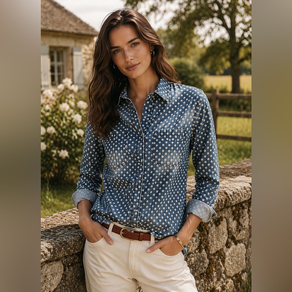 Guess Acid Wash Polka Dot Jean Shirt Medium Western Snap